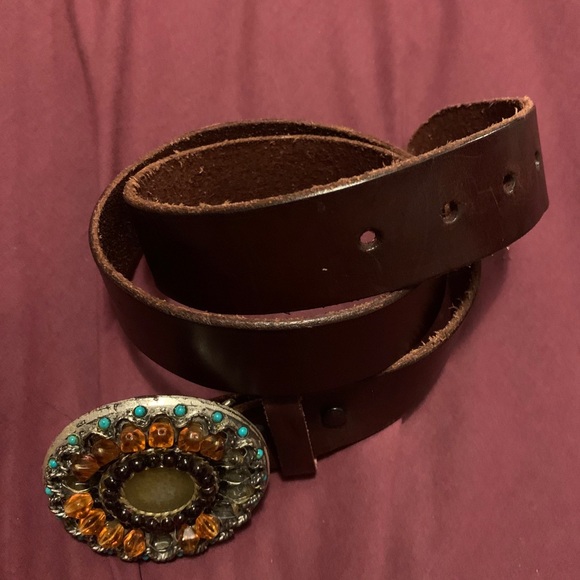 Brown Genuine Leather Belt with Multicolor Gemstone Buckle